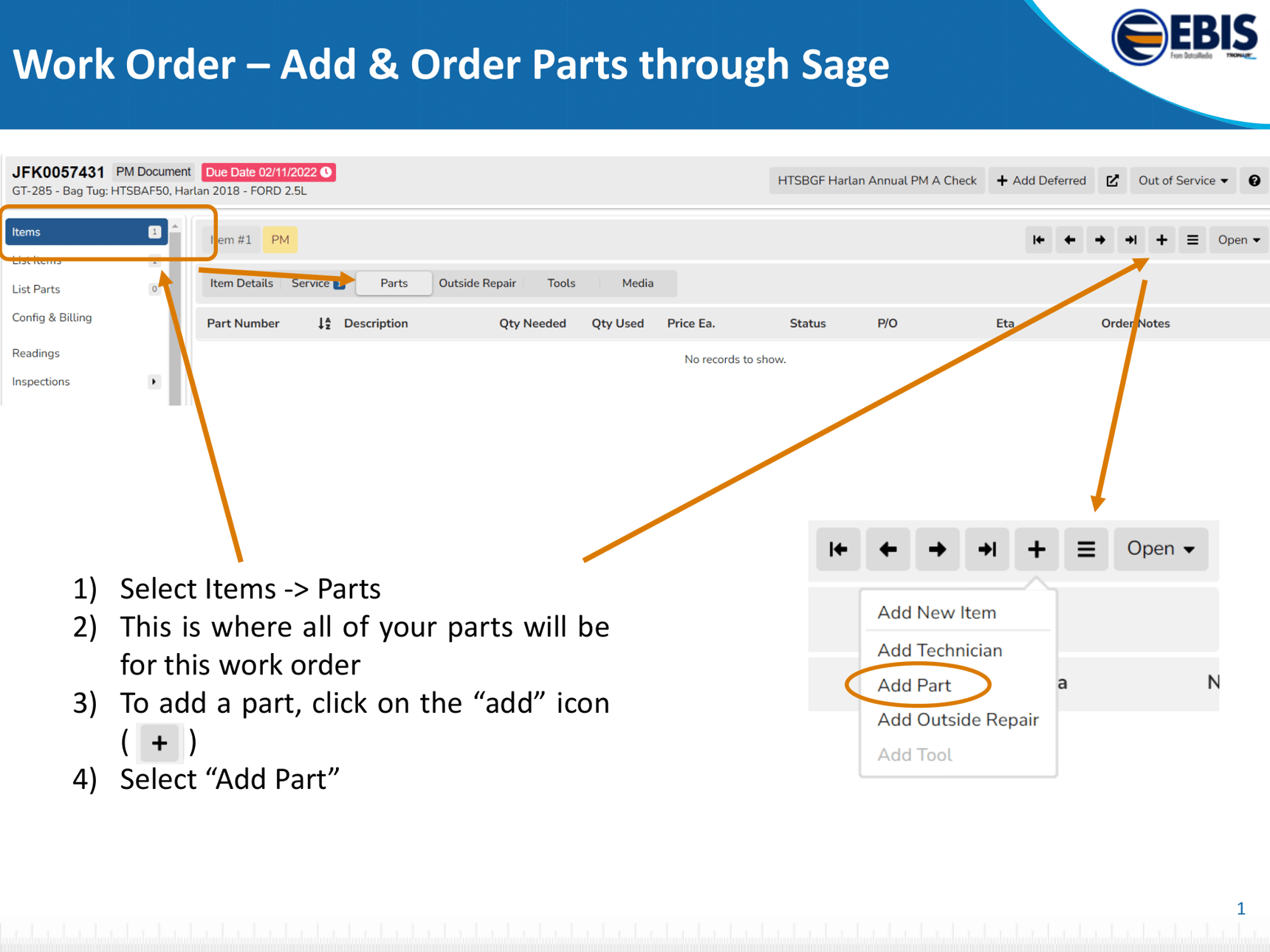 Adding parts through Sage Parts integration